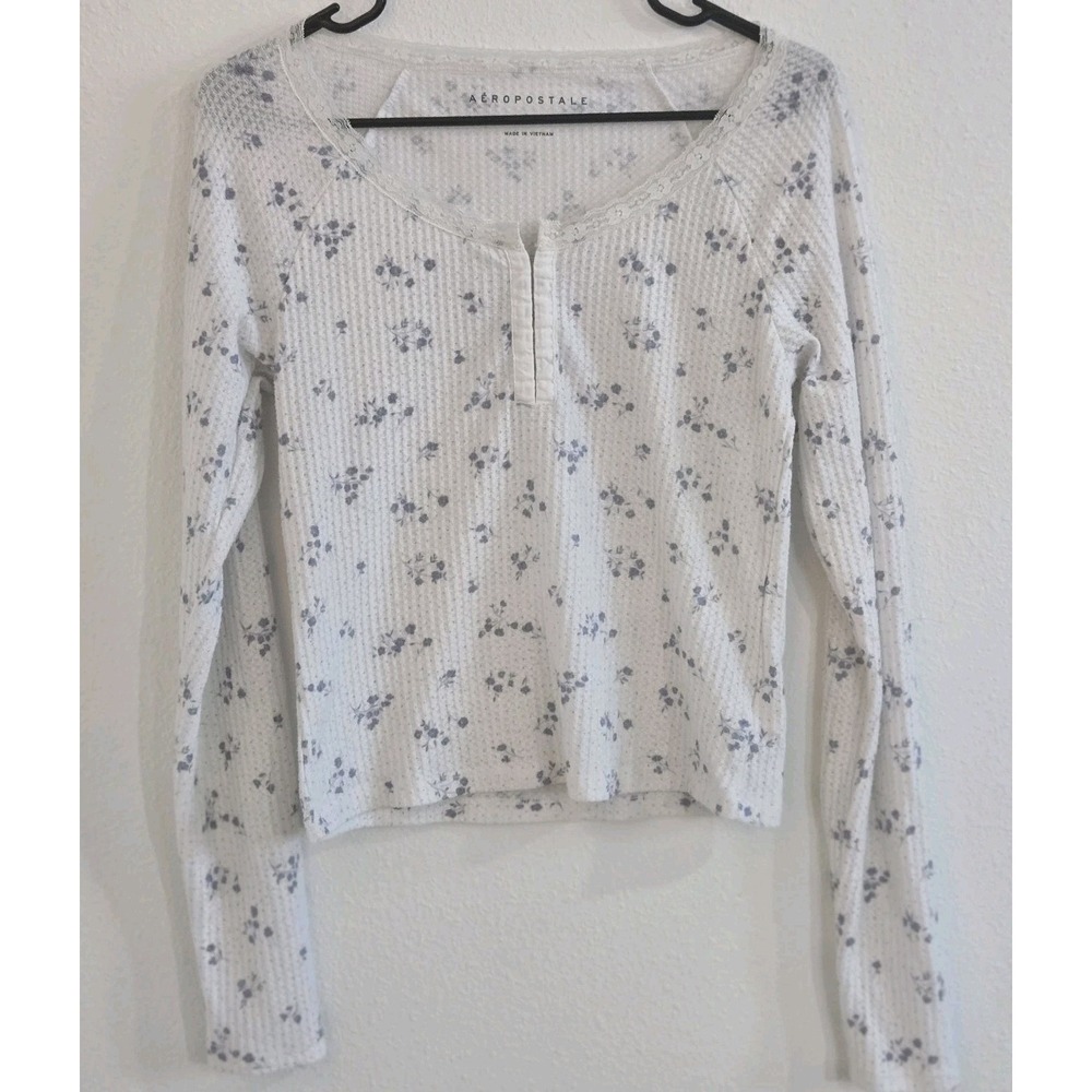 Aeropostale Waffle Knit Henley Shirt L Floral Long Sleeve Coquette Cottagecore
